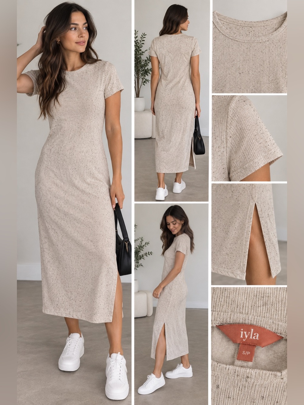 SHEIN Beige Speckled Short-Sleeve Midi Dress